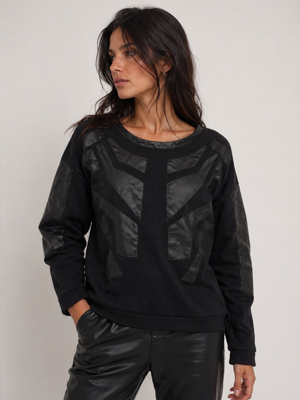 Lush Long Sleeve Geometrical Faux Leather Top